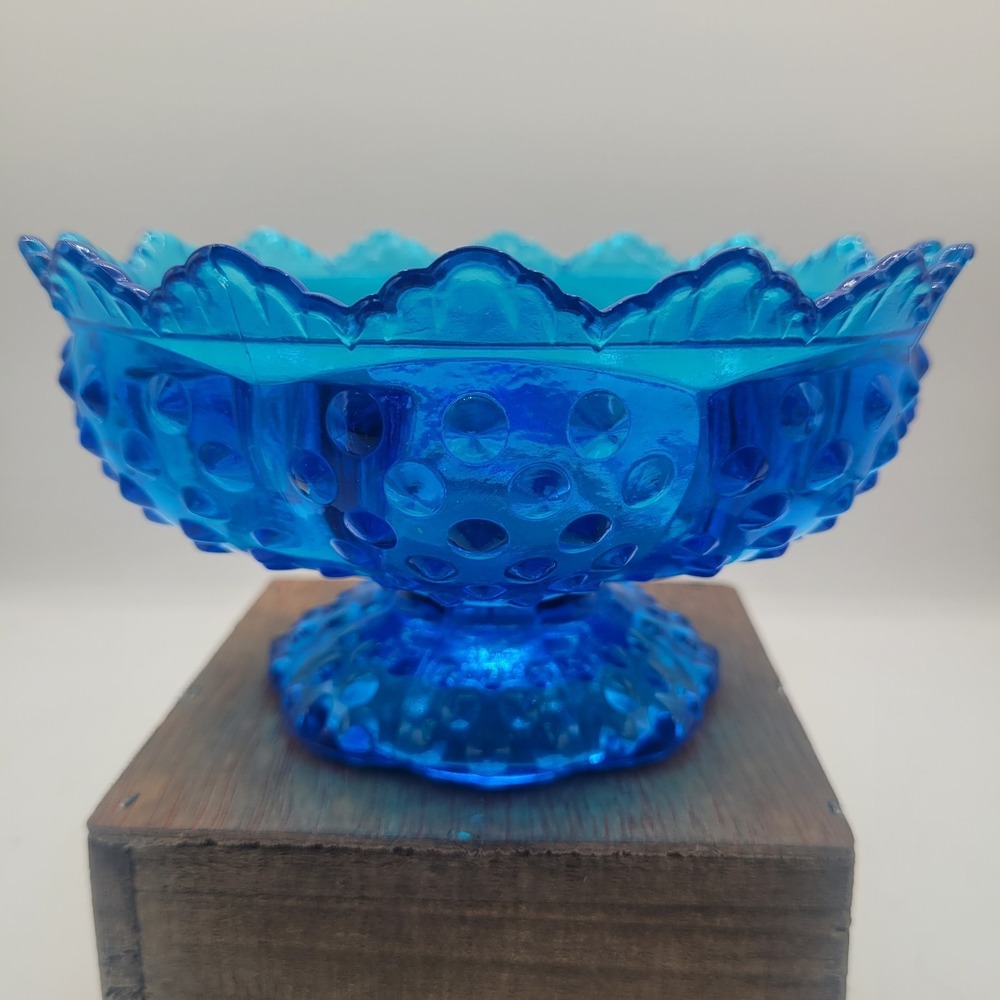 Vintage 1960s Fenton Colonial Blue Hobnail Glass 6 Candle Pedestal Bowl - Picture 2 of 4